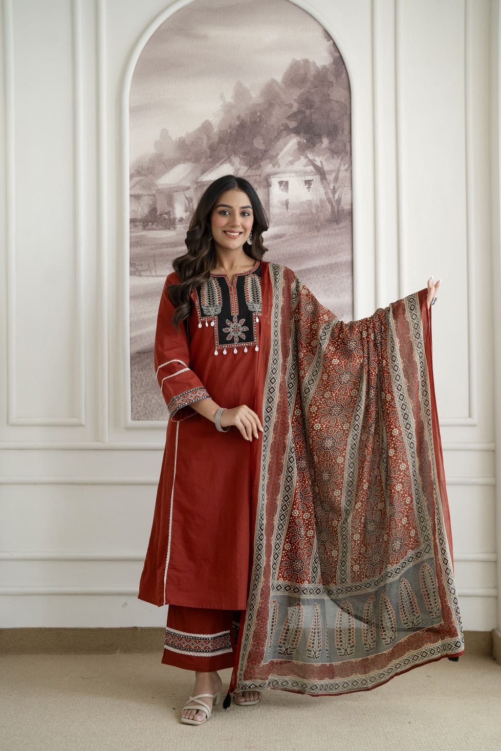 Faddism Elegant Embroidered Pure Cotton Kurti Palazzo Set with Mulmul Dupatta