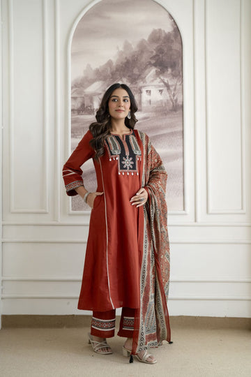Faddism Elegant Embroidered Pure Cotton Kurti Palazzo Set with Mulmul Dupatta