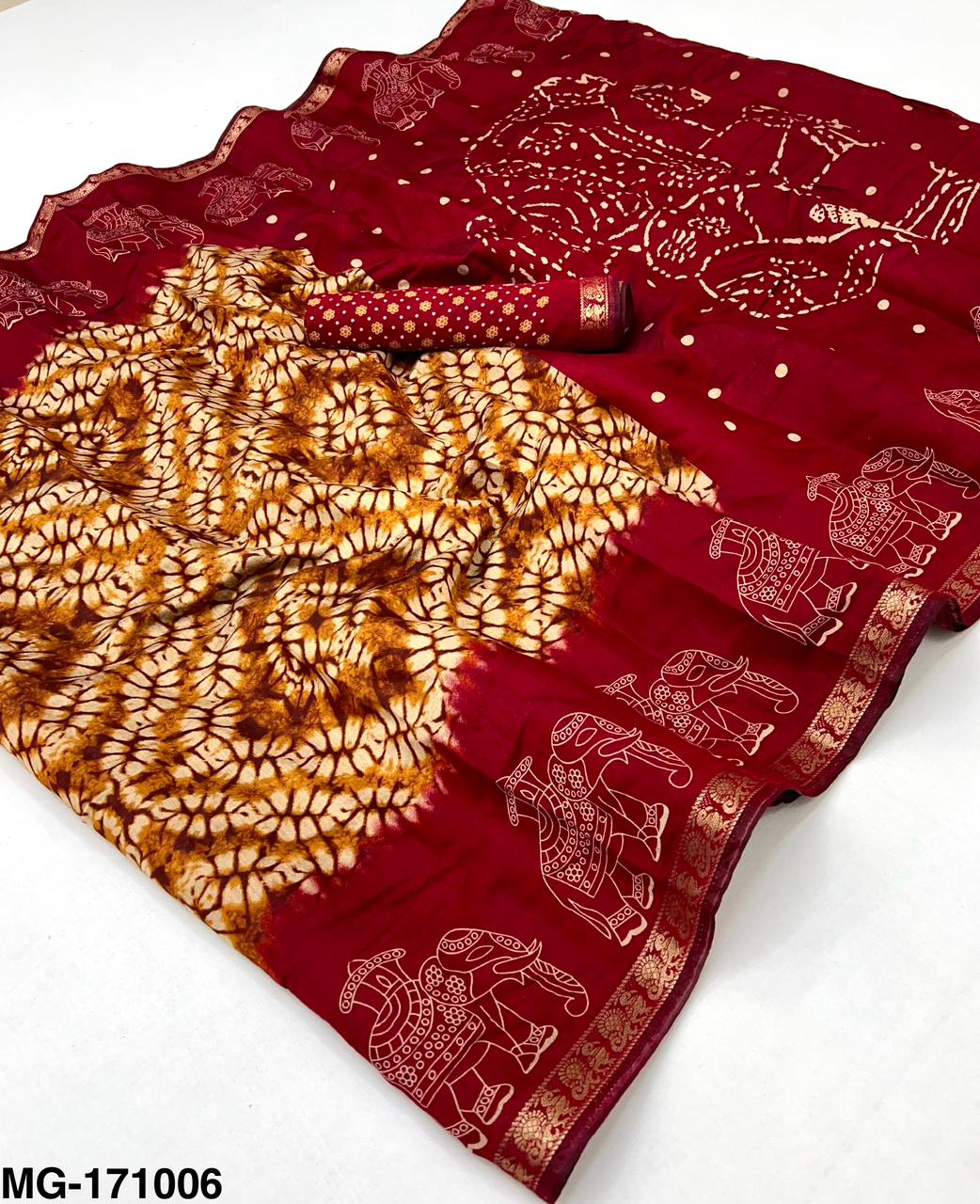 Faddism Elephanta Mangalgiri Cotton Saree with Shibori Print and Elephant Zari Border