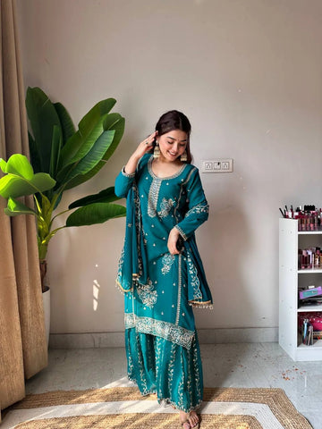 Faddism Ethnic Motifs Embroidered Regular Thread Work Kurta with Sharara & With Dupatta