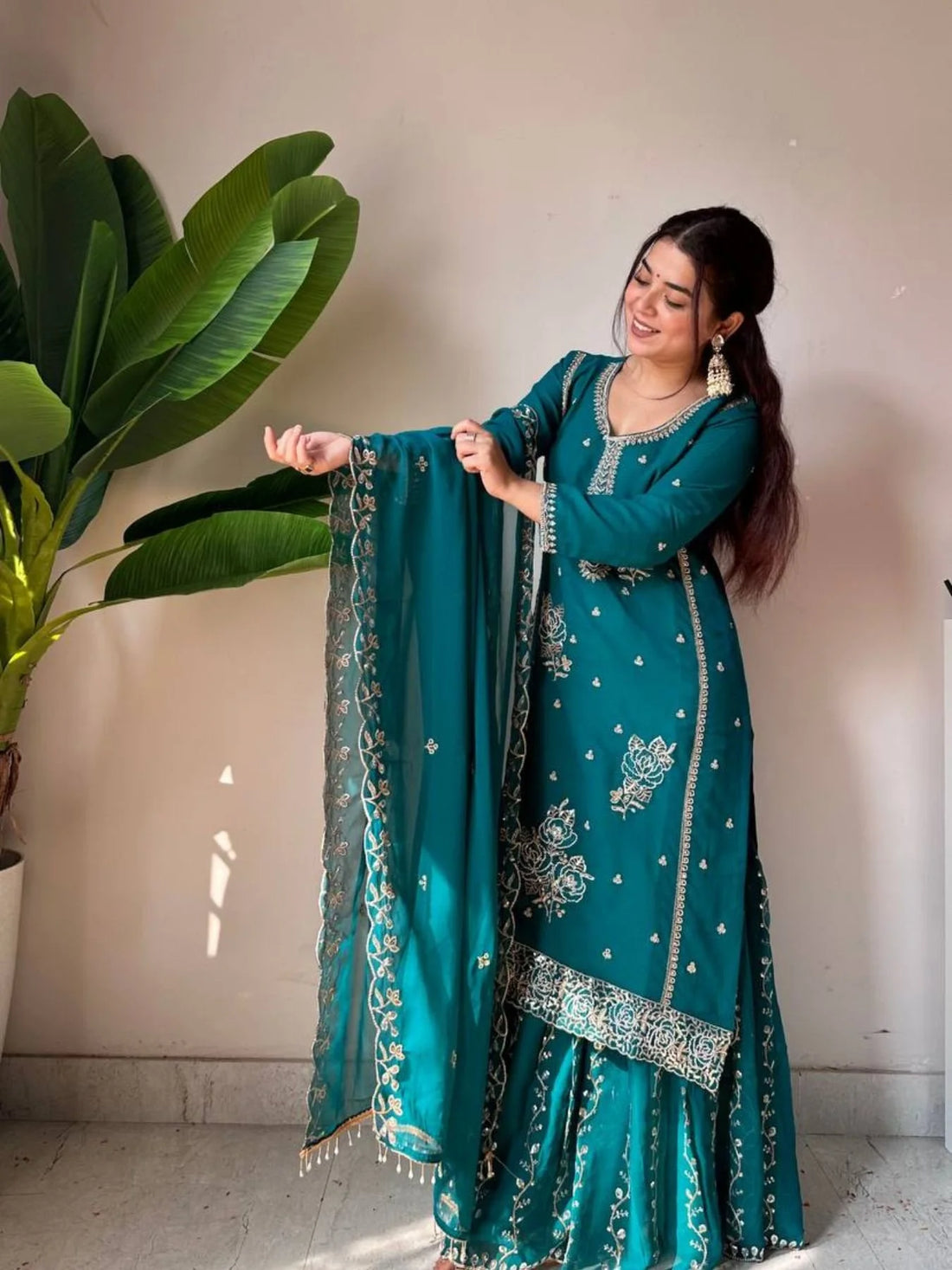Faddism Ethnic Motifs Embroidered Regular Thread Work Kurta with Sharara & With Dupatta