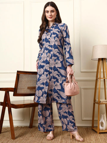 Faddism Blue Shirt Collar Rayon Co-ord Set with Full Sleeves