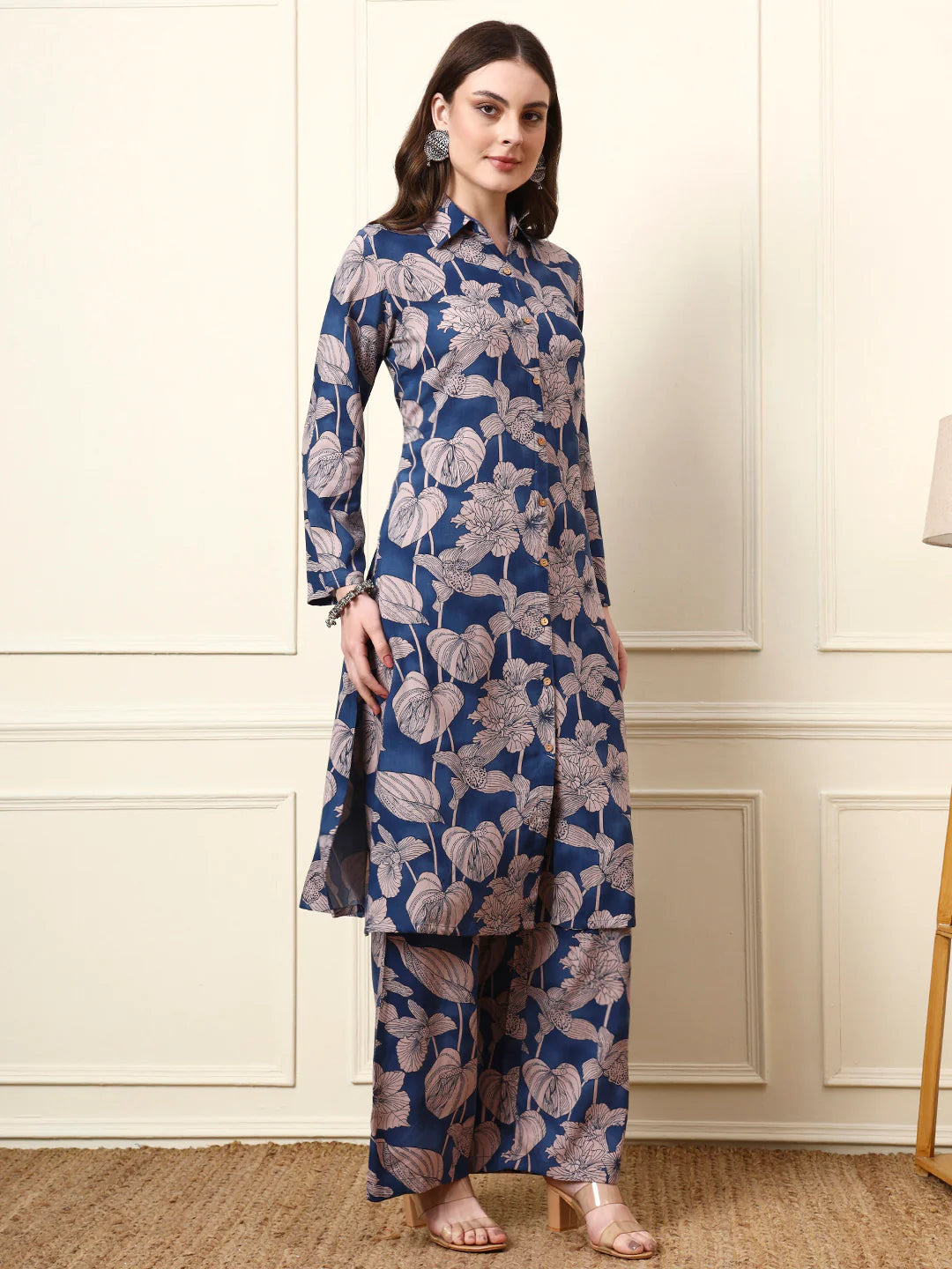 Faddism Blue Shirt Collar Rayon Co-ord Set with Full Sleeves