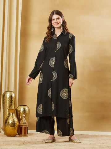 Faddism Black Rayon Foil Print Kurta Palazzo Set