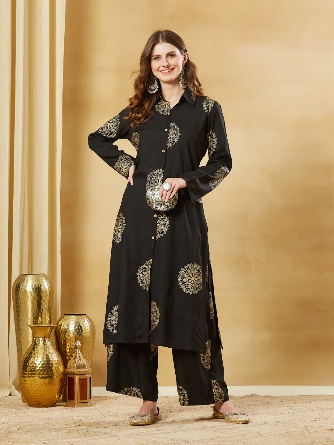 Faddism Black Rayon Foil Print Kurta Palazzo Set
