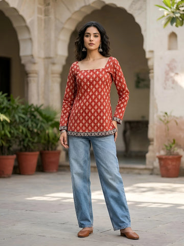 Faddism Women Red Printed Straight Pure Cotton Tunic