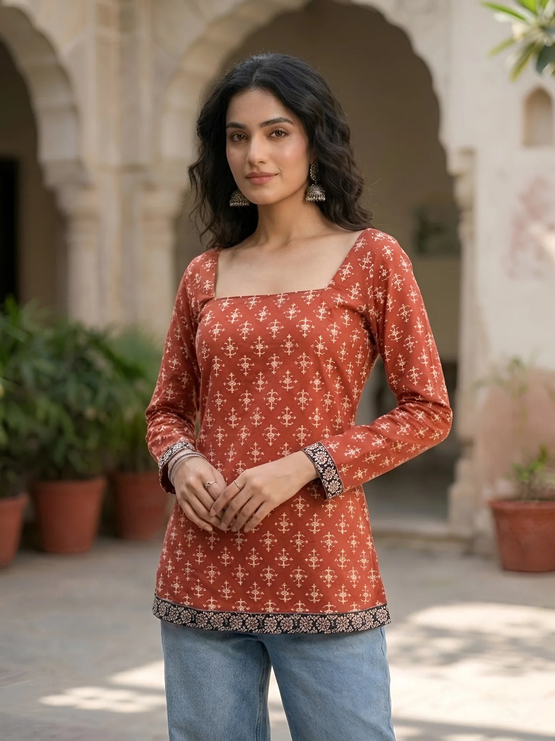Faddism Women Red Printed Straight Pure Cotton Tunic