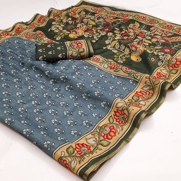 Kazari Chanderi Linen Kalamkari Print Saree with Zari Border