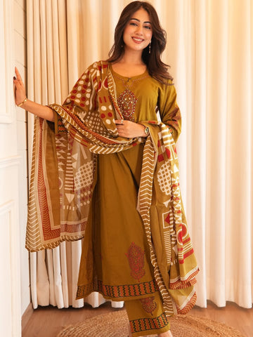 Heavy Cotton A-Line Kurti Set with Handworked Neck, Pant & Dupatta