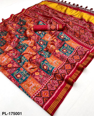 Faddism Patan Patola Handloom Silk Saree with Zari Border and Tassels