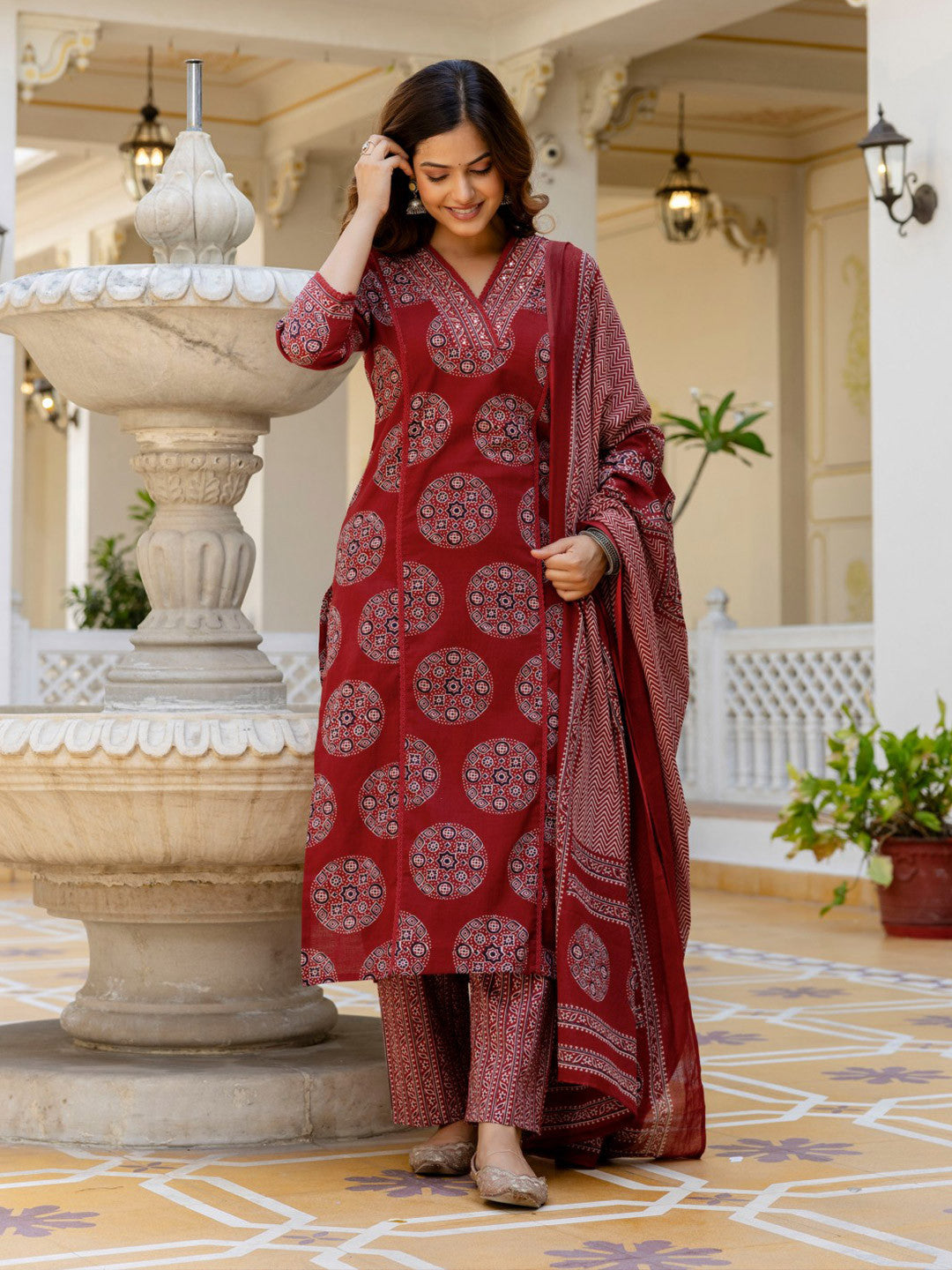Cotton Printed Straight Kurti Set with Hand Work, Lace Detailing and Dupatta