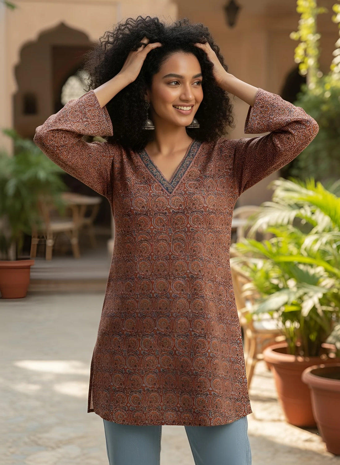 Faddism Women Maroon Printed Straight Pure Cotton Tunic