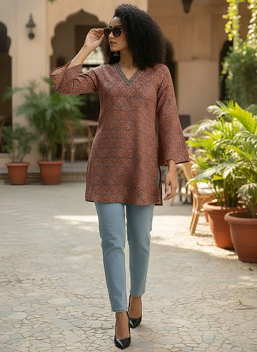 Faddism Women Maroon Printed Straight Pure Cotton Tunic