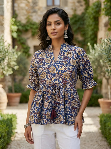 Faddism Women Blue Printed Peplum Pure Cotton Tunic
