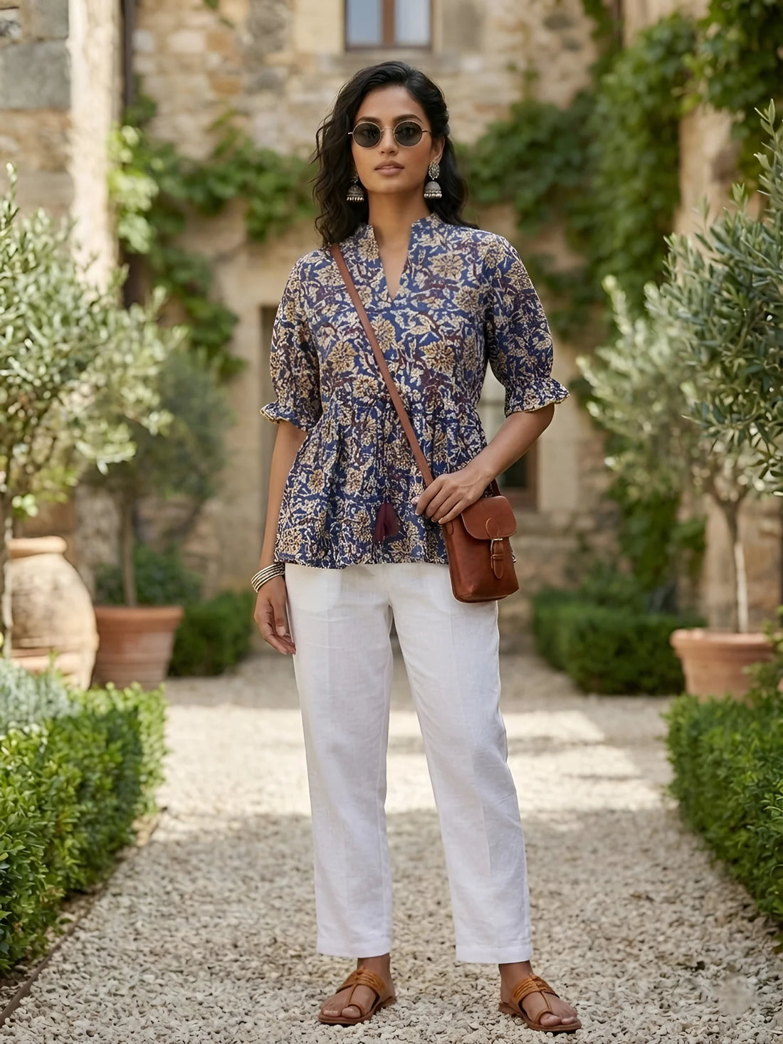 Faddism Women Blue Printed Peplum Pure Cotton Tunic