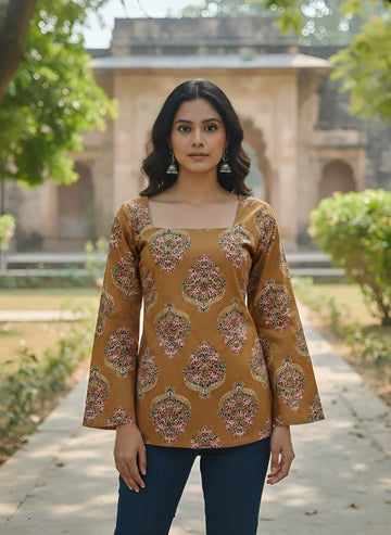 Faddism Women Yellow Printed Straight Pure Cotton Tunic