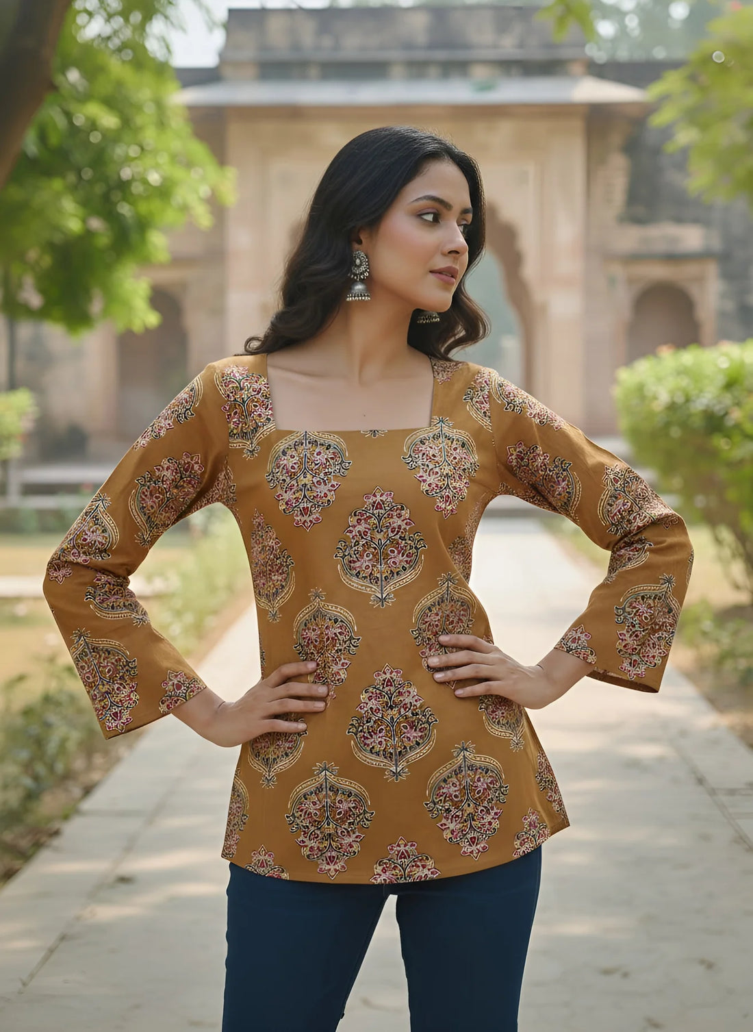 Faddism Women Yellow Printed Straight Pure Cotton Tunic