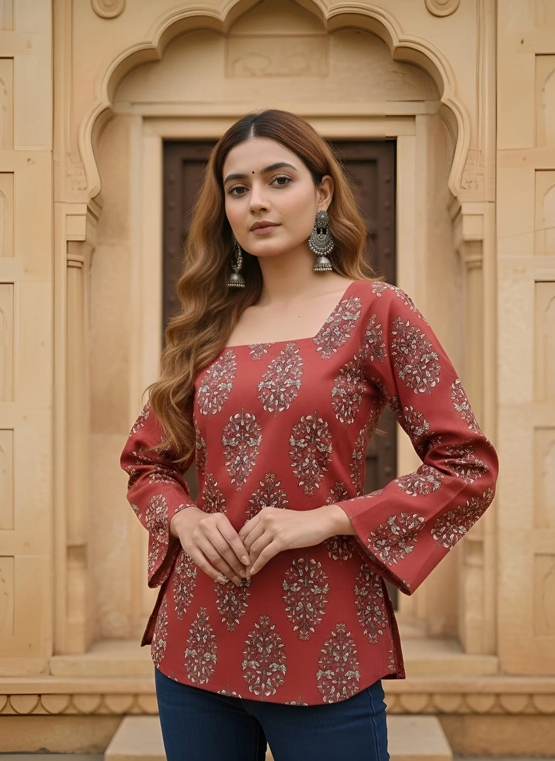 Faddism Women Maroon Printed Straight Pure Cotton Tunic