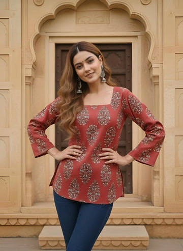 Faddism Women Maroon Printed Straight Pure Cotton Tunic