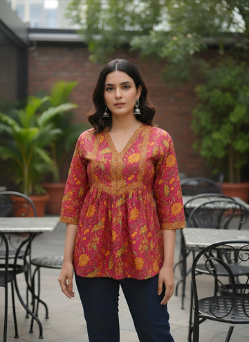Faddism Women Pink Printed Peplum Trendy Pure Cotton Tunic