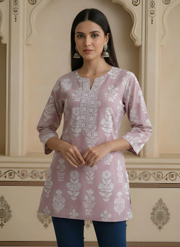 Faddism Women Mauve Printed Straight Pure Cotton Tunic