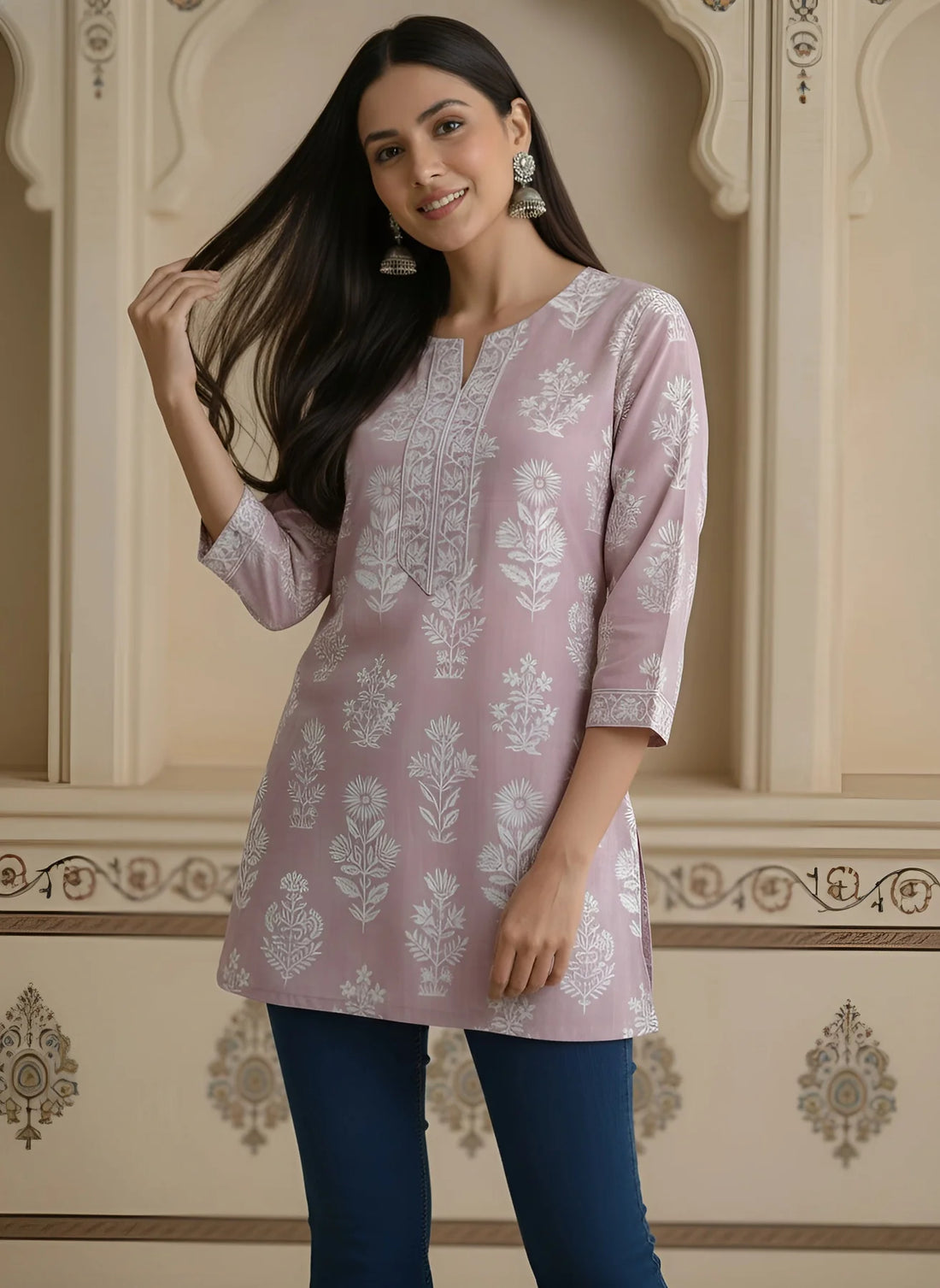 Faddism Women Mauve Printed Straight Pure Cotton Tunic