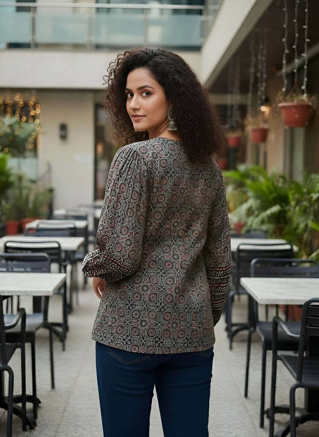 Faddism Women Black Ethnic Printed Straight Pure Cotton Tunic