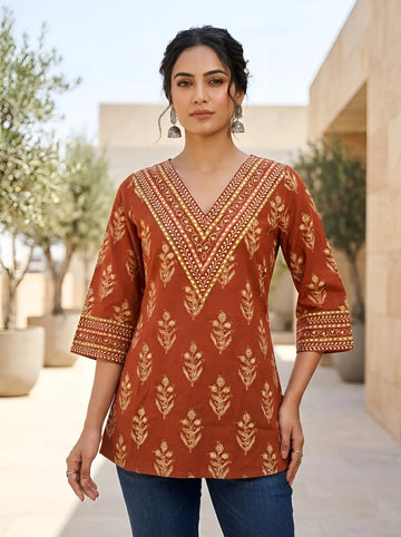 Faddism Women Rust Ethnic Printed Pure Cotton Tunic