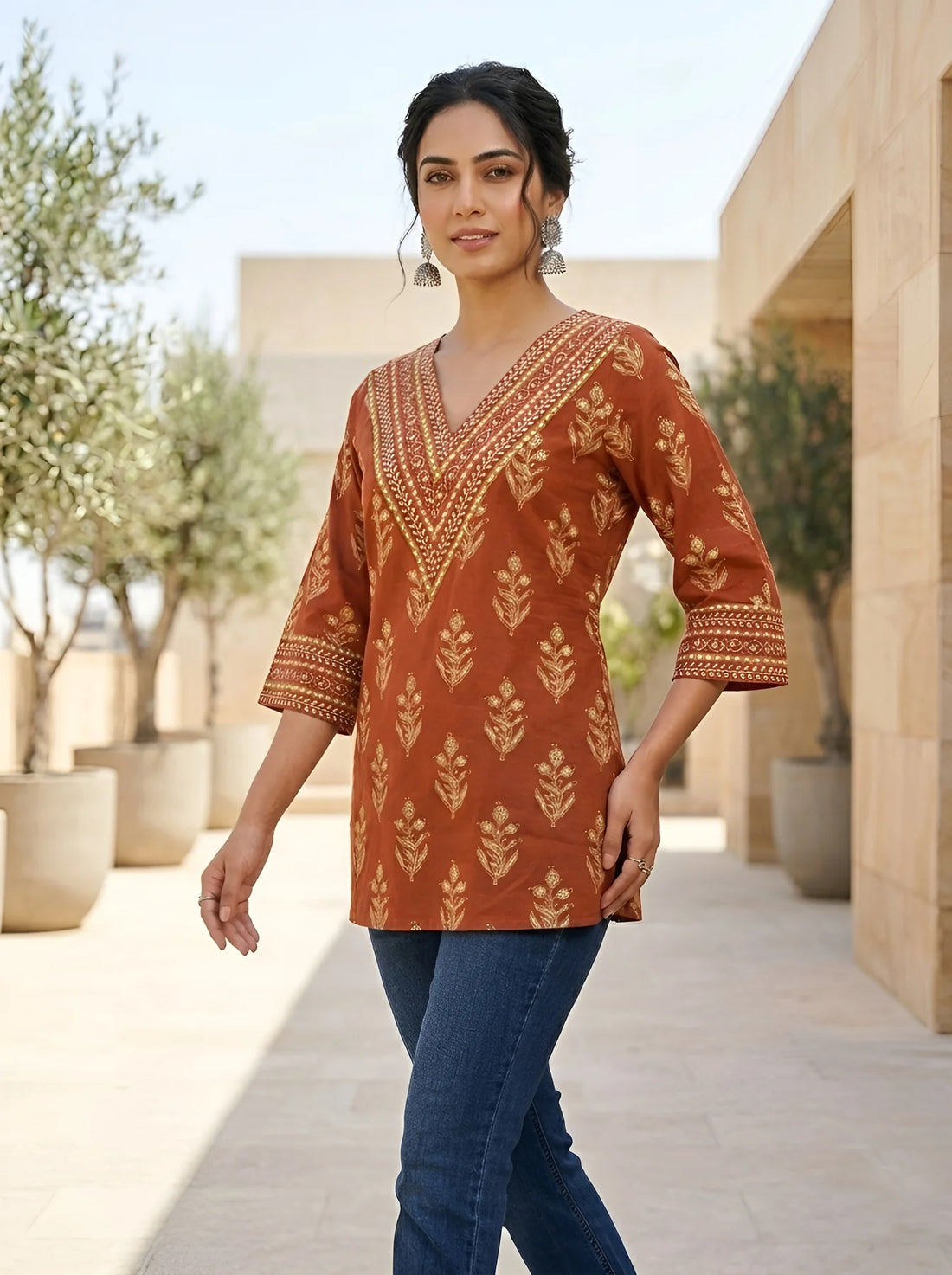 Faddism Women Rust Ethnic Printed Pure Cotton Tunic
