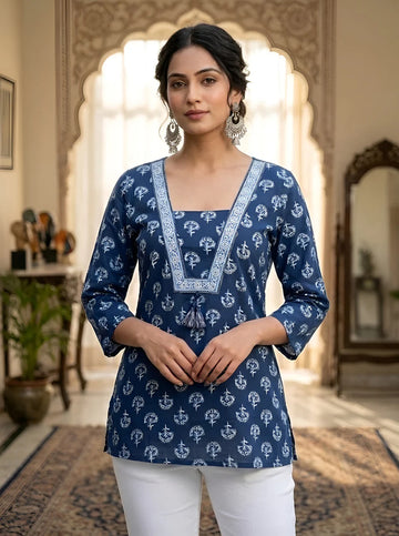 Faddism Women Blue Printed Straight Pure Cotton Tunic