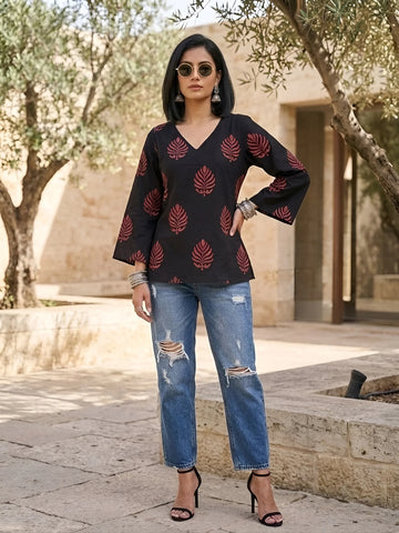 Faddism Women Black Ethnic Printed Straight Pure Cotton Tunic