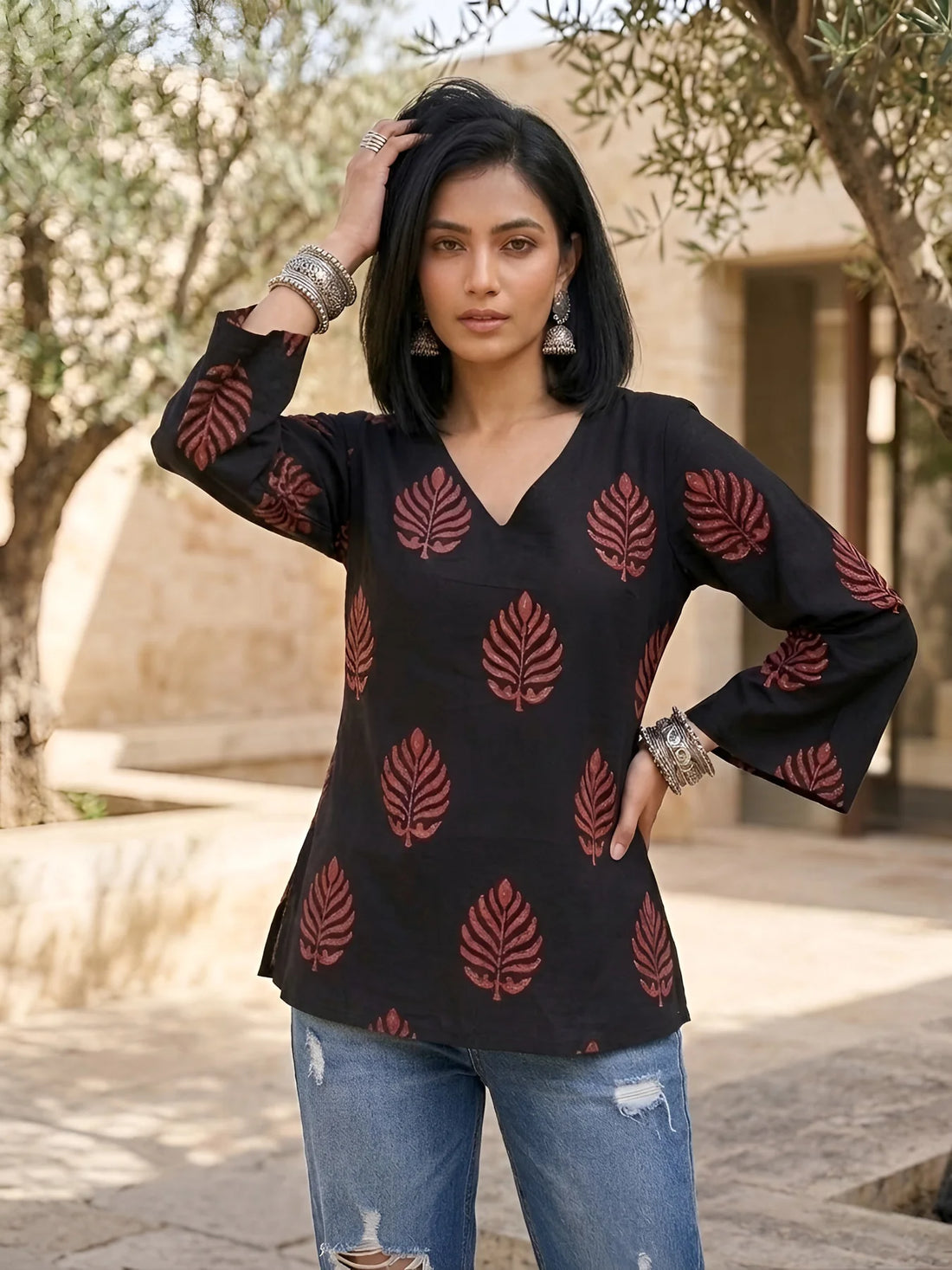 Faddism Women Black Ethnic Printed Straight Pure Cotton Tunic