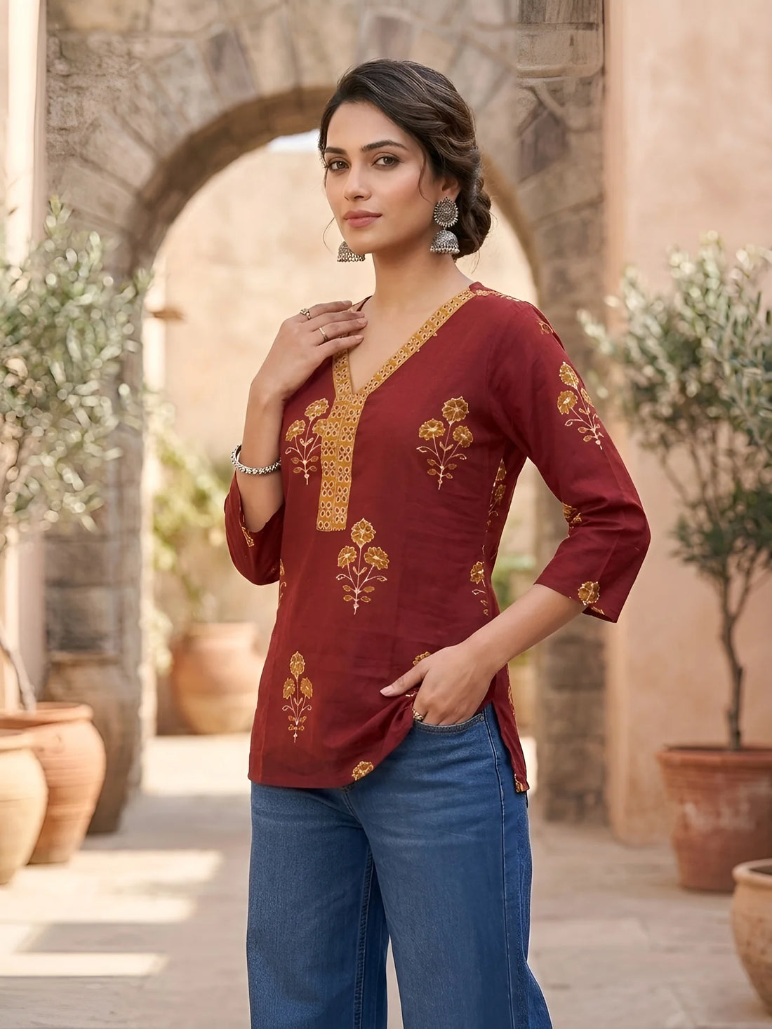 Faddism Women Maroon Printed Straight Pure Cotton Tunic