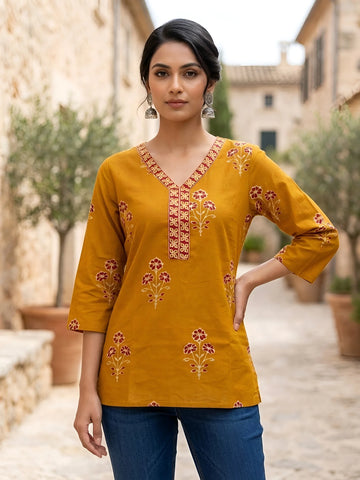 Faddism Women Yellow Printed Straight Pure Cotton Tunic