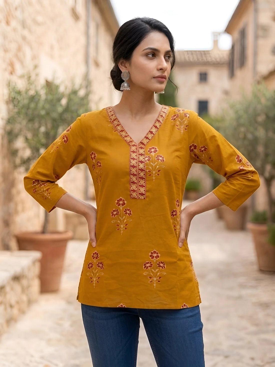 Faddism Women Yellow Printed Straight Pure Cotton Tunic