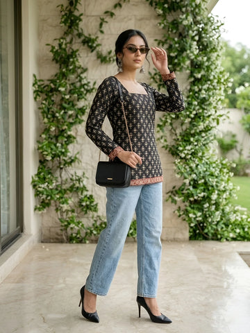 Faddism Women Black Ethnic Printed Straight Pure Cotton Tunic