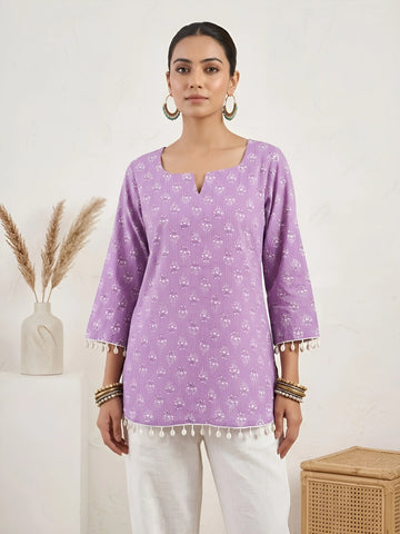 Faddism Women Purple Printed Straight Pure Cotton Tunic