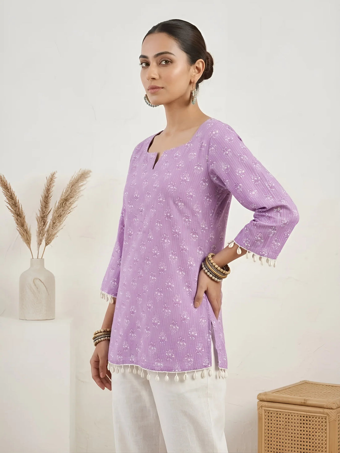 Faddism Women Purple Printed Straight Pure Cotton Tunic