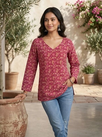 Faddism Women Pink Printed Straight Pure Cotton Tunic