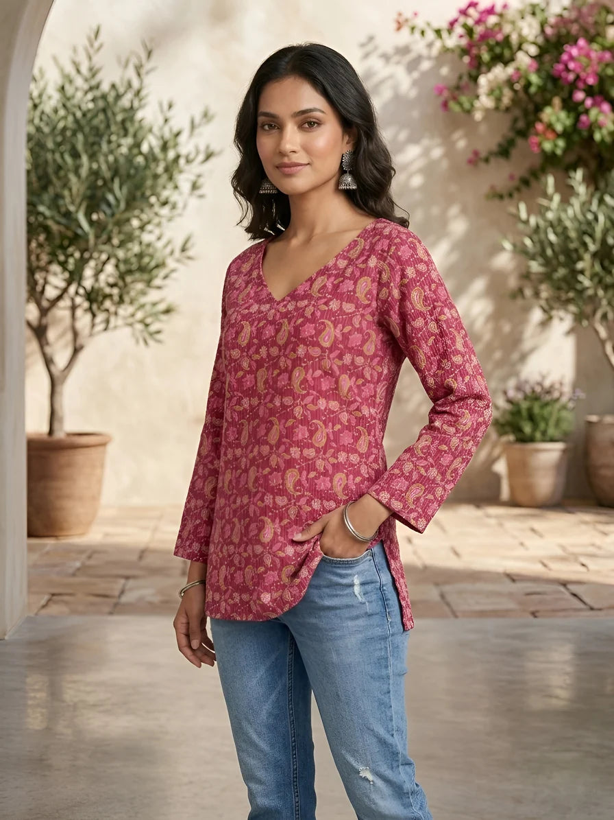 Faddism Women Pink Printed Straight Pure Cotton Tunic
