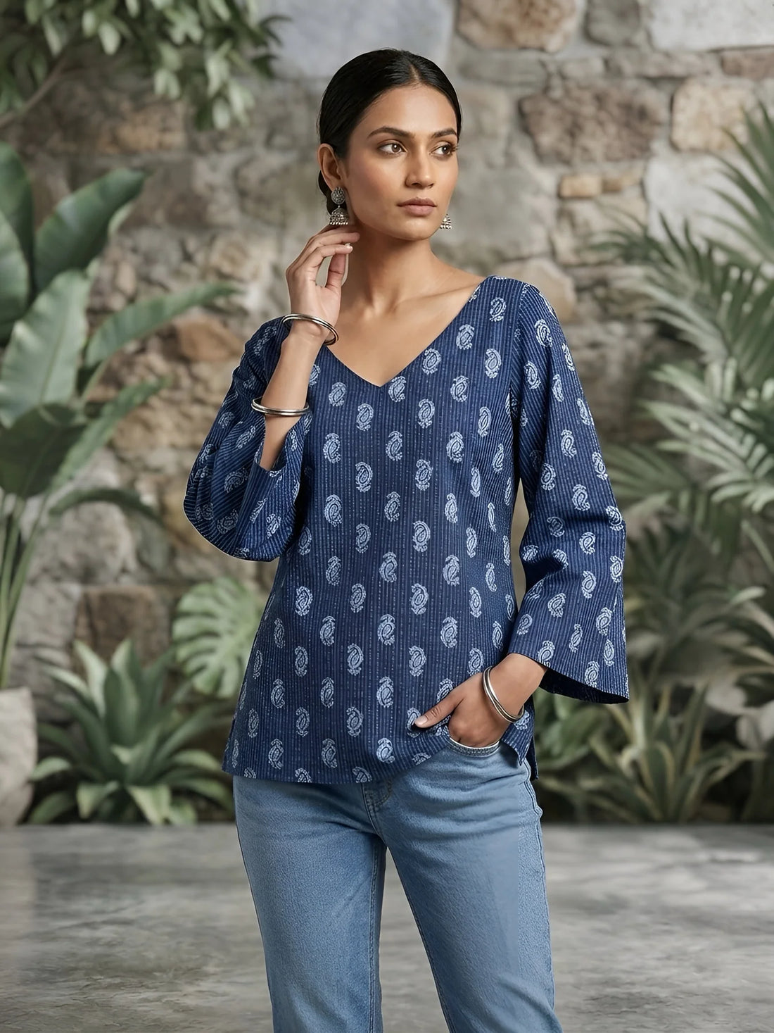 Faddism Women Blue Printed Straight Pure Cotton Tunic