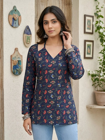 Faddism Women Blue Printed Straight Pure Cotton Tunic with Tie-Up Neck