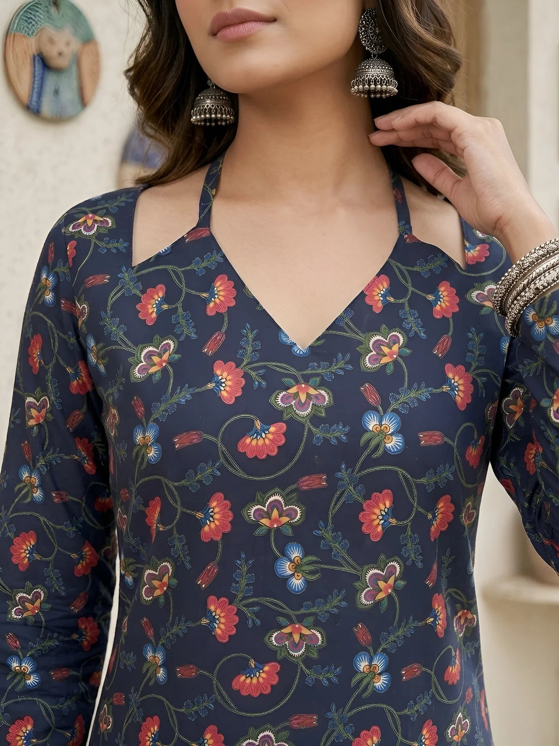 Faddism Women Blue Printed Straight Pure Cotton Tunic with Tie-Up Neck