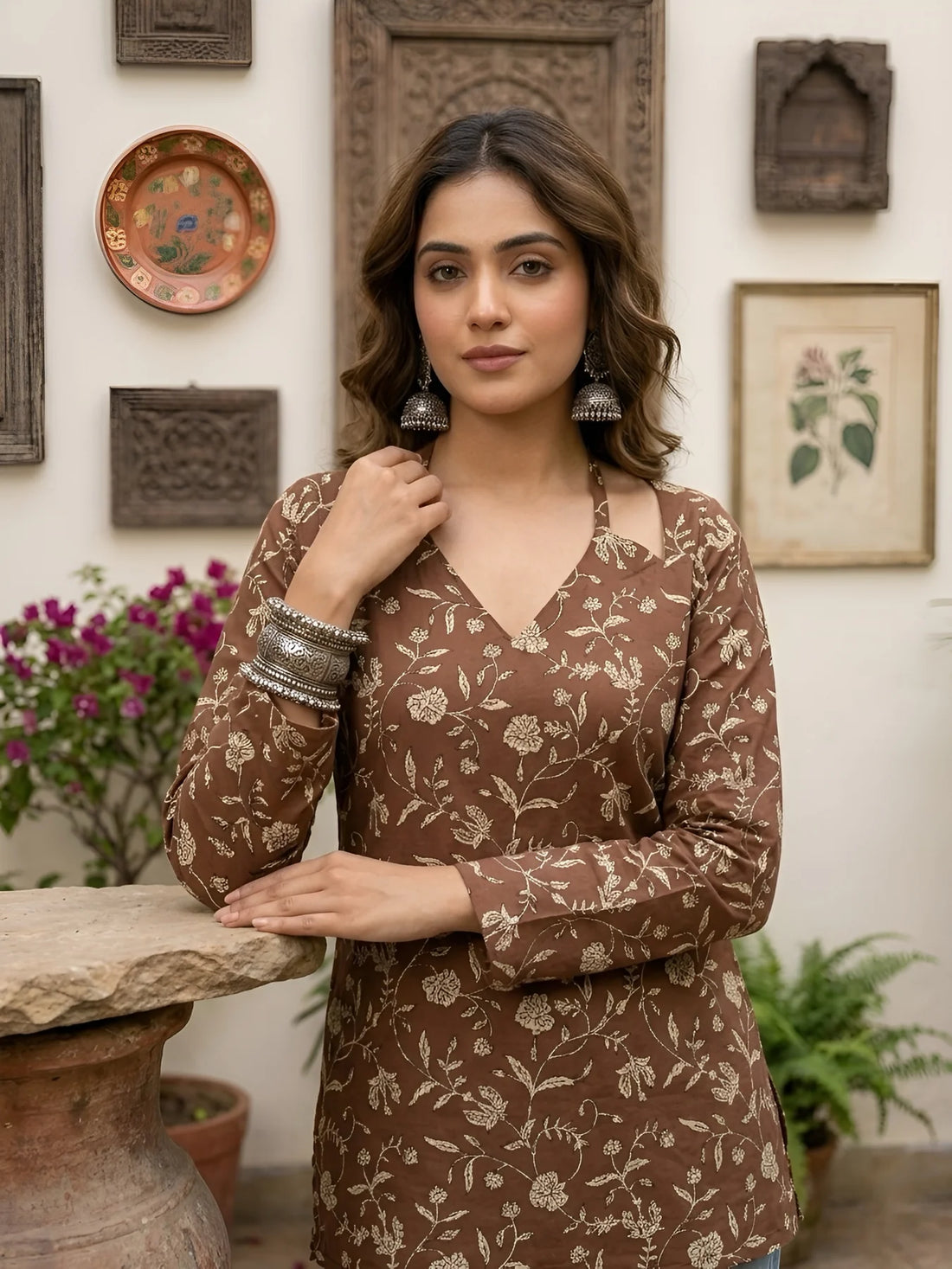 Faddism Women Brown Printed Straight Pure Cotton Tunic with Tie-Up Neck