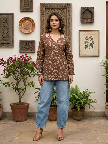 Faddism Women Brown Printed Straight Pure Cotton Tunic with Tie-Up Neck