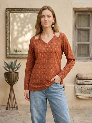 Faddism Women Rust Printed Straight Pure Cotton Tunic with Tie-Up Neck