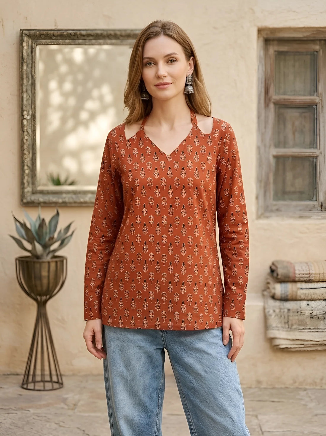Faddism Women Rust Printed Straight Pure Cotton Tunic with Tie-Up Neck