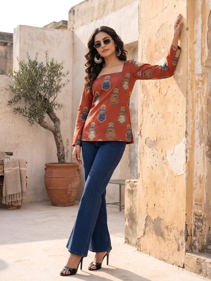 Faddism Women Maroon Printed Straight Pure Cotton Tunic