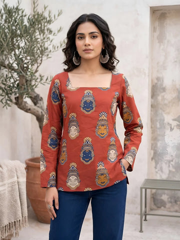 Faddism Women Maroon Printed Straight Pure Cotton Tunic