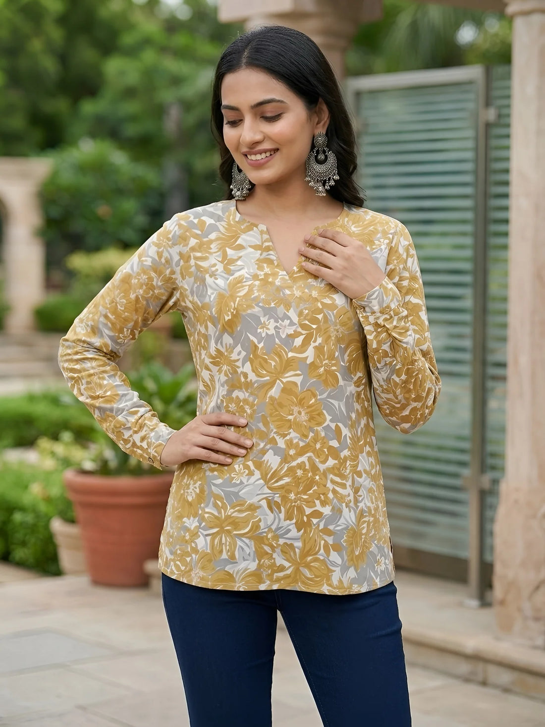 Faddism Women Yellow Printed Straight Pure Cotton Tunic